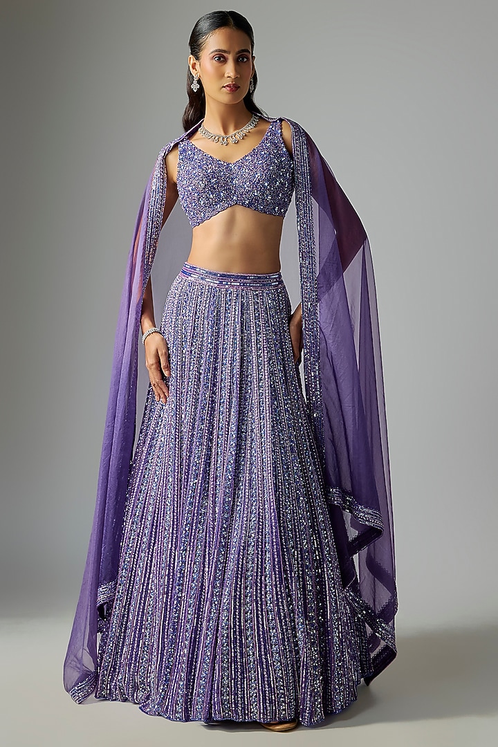 Deep Purple Pure Organza Embroidered Bridal Lehenga Set by Label Charmie Galaiya at Pernia's Pop Up Shop
