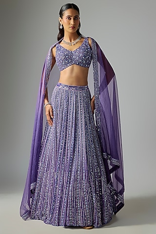 Deep Purple Pure Organza Embroidered Lehenga Set by Label Charmie Galaiya