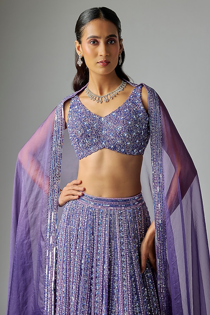 Deep Purple Pure Organza Embroidered Bridal Lehenga Set by Label Charmie Galaiya at Pernia's Pop Up Shop