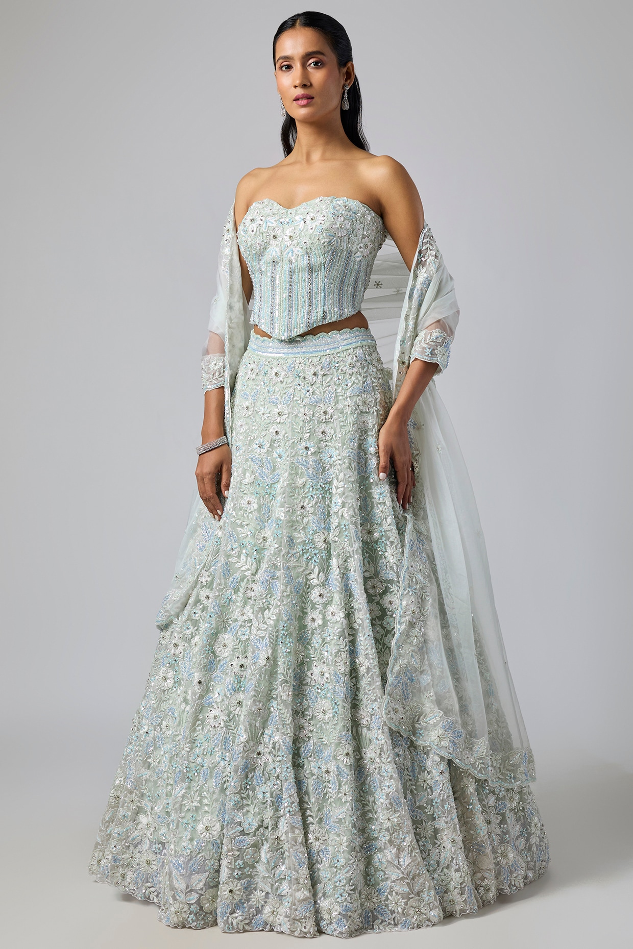 Label Charmie Galaiya Powder Blue Pure Organza Hand Embroidered Lehenga Set