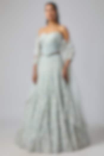 Powder Blue Pure Organza Hand Embroidered Bridal Lehenga Set by Label Charmie Galaiya at Pernia's Pop Up Shop