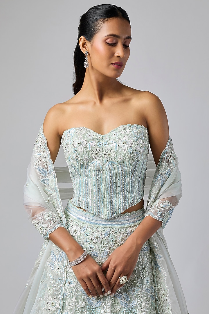 Powder Blue Pure Organza Hand Embroidered Bridal Lehenga Set by Label Charmie Galaiya at Pernia's Pop Up Shop