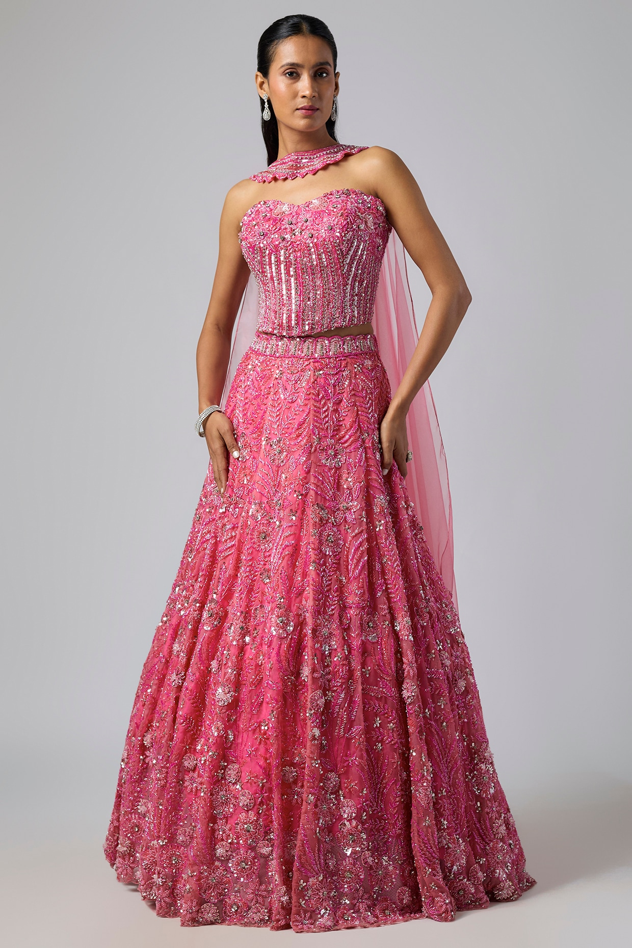 Label Charmie Galaiya Fuchsia Pink Pure Organza Lehenga Set