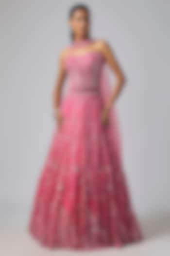 Fuchsia Pink Pure Organza Bridal Lehenga Set by Label Charmie Galaiya at Pernia's Pop Up Shop