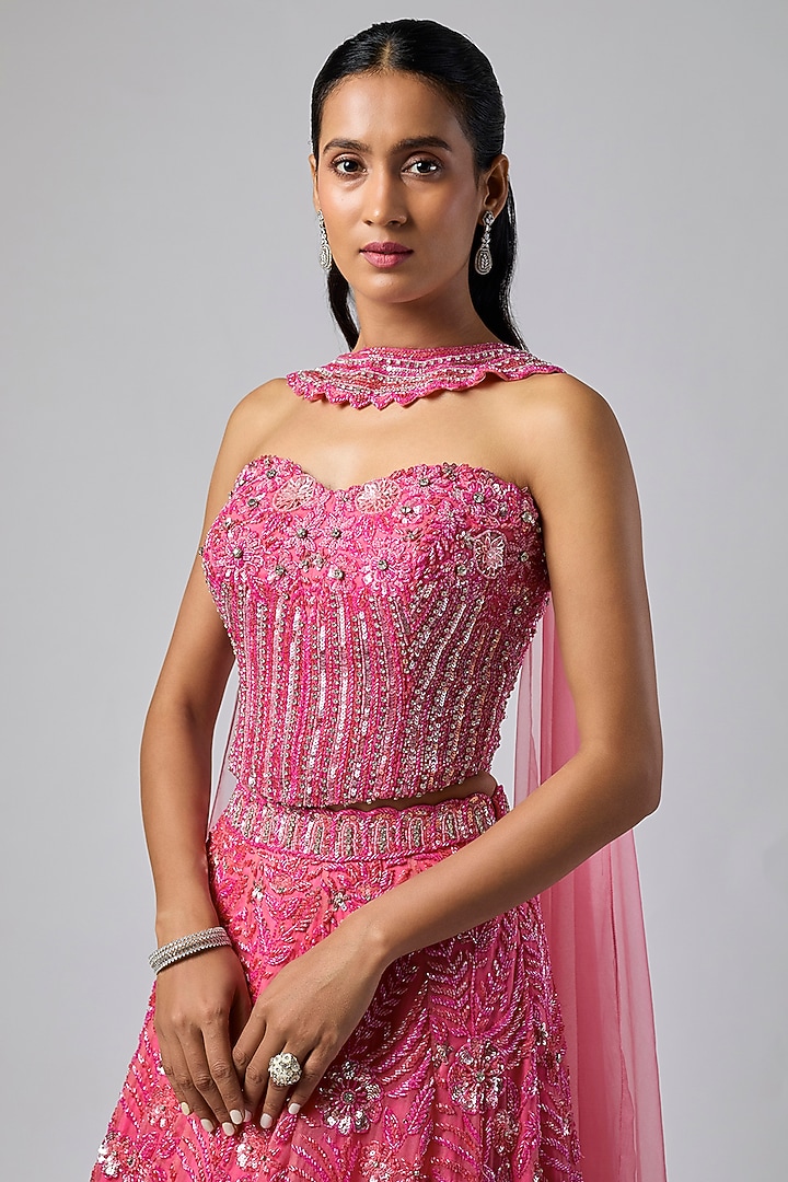 Fuchsia Pink Pure Organza Bridal Lehenga Set by Label Charmie Galaiya at Pernia's Pop Up Shop