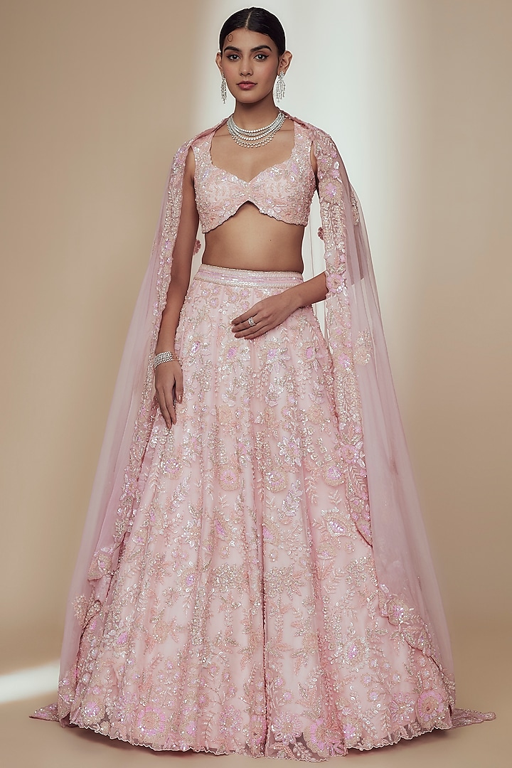 Peach Organza Crystal Beads Embroidered Bridal Lehenga Set by Label Charmie Galaiya at Pernia's Pop Up Shop