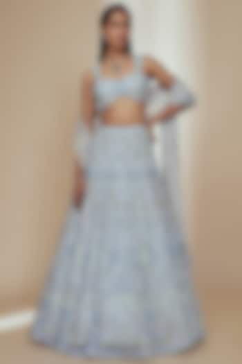 Blue Organza Crystal Beads Embroidered Bridal Lehenga Set by Label Charmie Galaiya at Pernia's Pop Up Shop