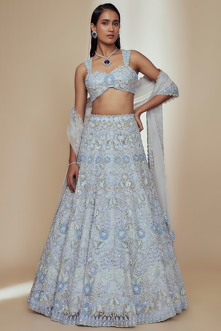 Blue Organza Crystal Beads Embroidered Bridal Lehenga Set by Label Charmie Galaiya at Pernia's Pop Up Shop