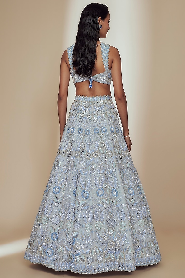 Blue Organza Crystal Beads Embroidered Bridal Lehenga Set by Label Charmie Galaiya at Pernia's Pop Up Shop