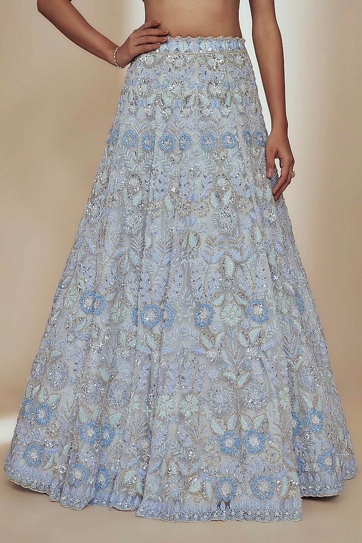 Blue Organza Crystal Beads Embroidered Bridal Lehenga Set by Label Charmie Galaiya at Pernia's Pop Up Shop
