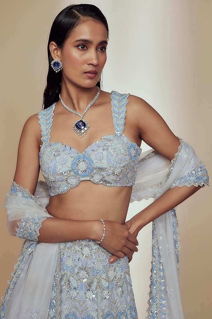 Blue Organza Crystal Beads Embroidered Bridal Lehenga Set by Label Charmie Galaiya at Pernia's Pop Up Shop