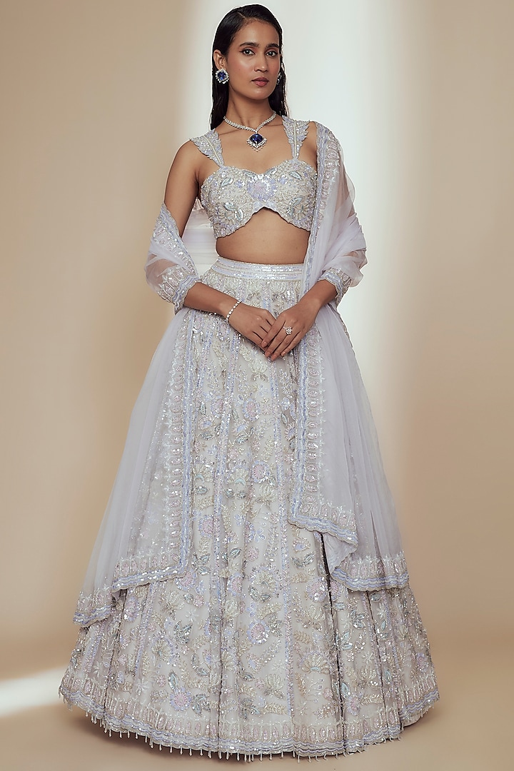 Ivory Organza Crystal Beads Embroidered Bridal Lehenga Set by Label Charmie Galaiya at Pernia's Pop Up Shop