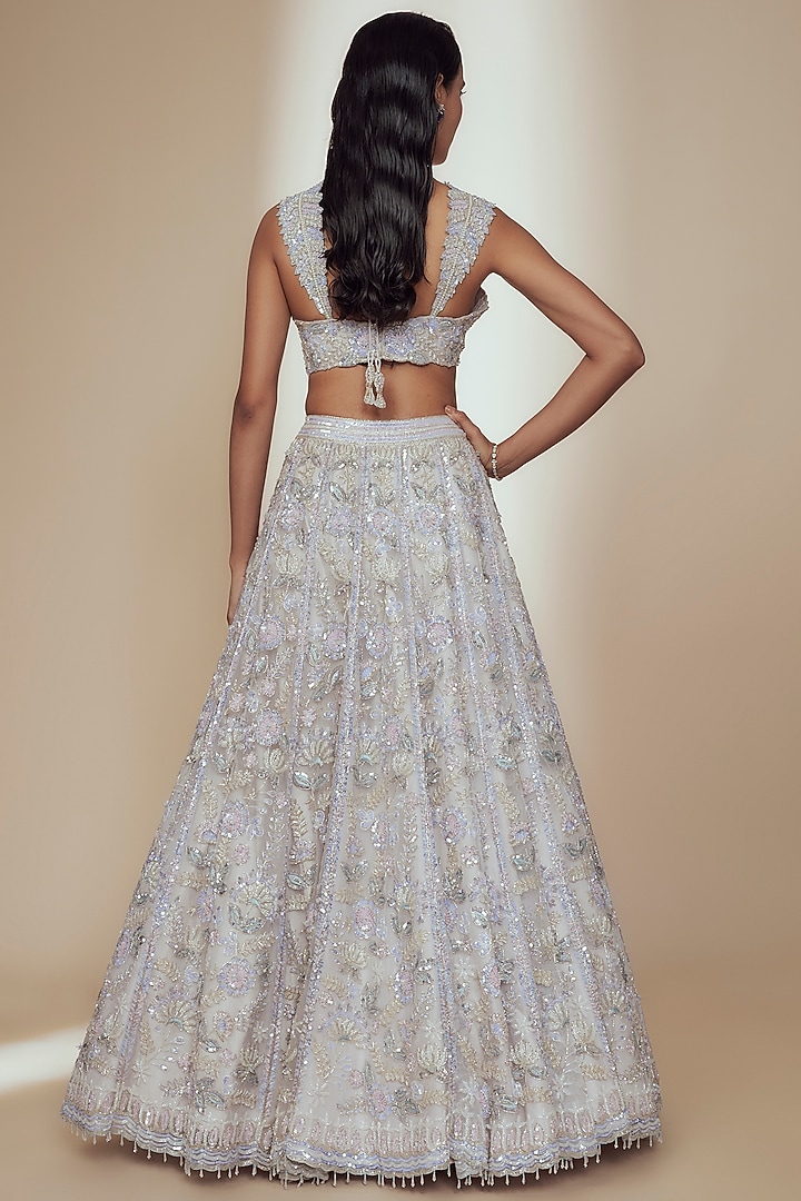 Ivory Organza Crystal Beads Embroidered Bridal Lehenga Set by Label Charmie Galaiya at Pernia's Pop Up Shop