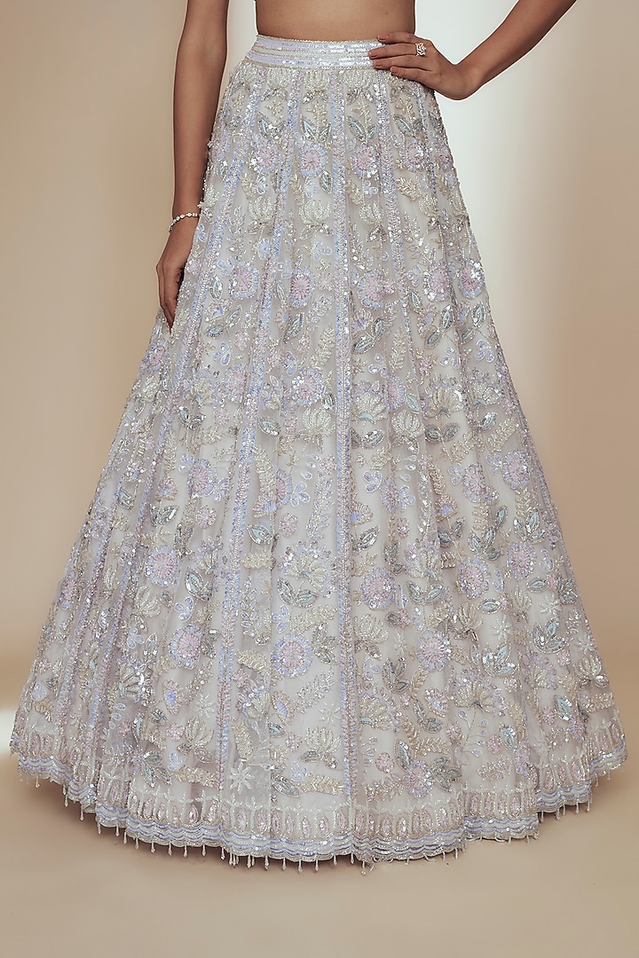 Ivory Organza Crystal Beads Embroidered Bridal Lehenga Set by Label Charmie Galaiya at Pernia's Pop Up Shop