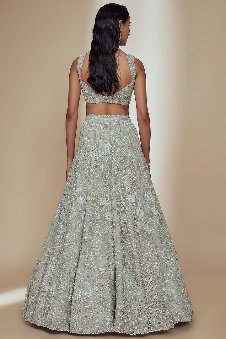 Green Organza Crystal Beads Embroidered Bridal Lehenga Set by Label Charmie Galaiya at Pernia's Pop Up Shop