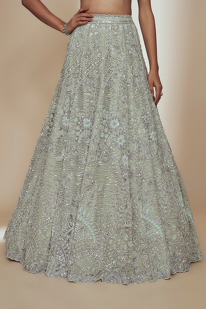 Green Organza Crystal Beads Embroidered Bridal Lehenga Set by Label Charmie Galaiya at Pernia's Pop Up Shop