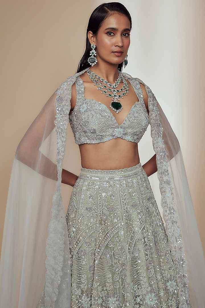 Green Organza Crystal Beads Embroidered Bridal Lehenga Set by Label Charmie Galaiya at Pernia's Pop Up Shop