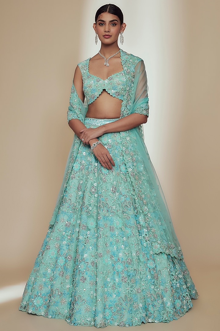 Blue Organza Crystal Beads Embroidered Bridal Lehenga Set by Label Charmie Galaiya at Pernia's Pop Up Shop