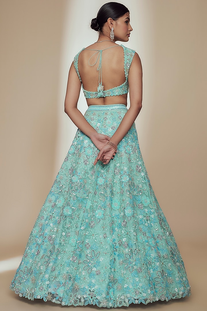 Blue Organza Crystal Beads Embroidered Bridal Lehenga Set by Label Charmie Galaiya at Pernia's Pop Up Shop