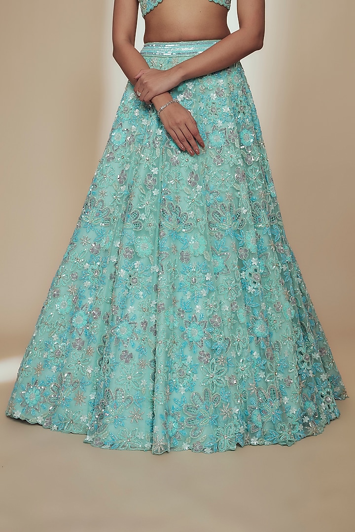 Blue Organza Crystal Beads Embroidered Bridal Lehenga Set by Label Charmie Galaiya at Pernia's Pop Up Shop