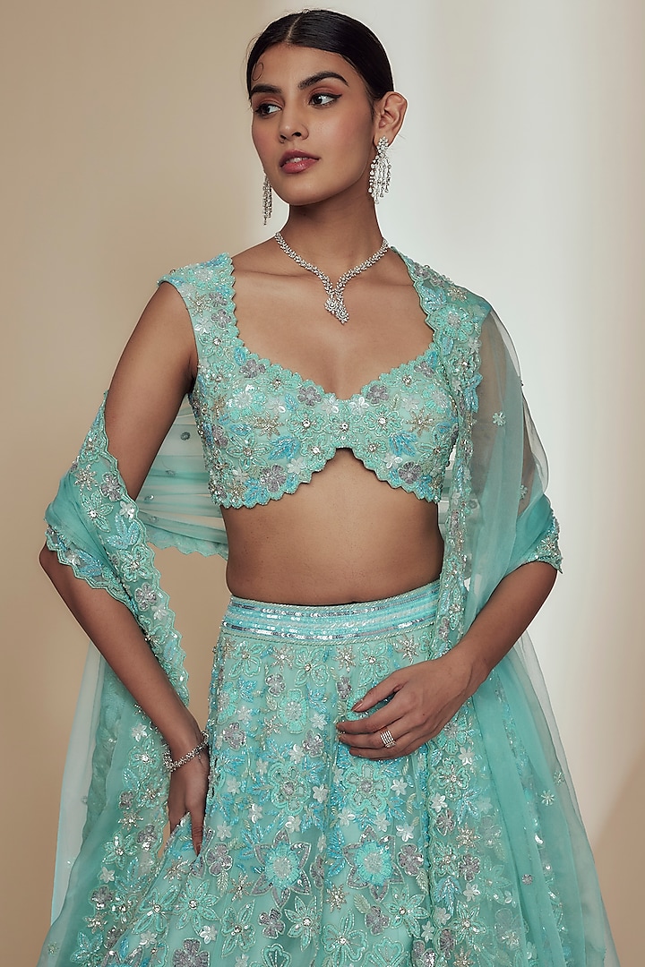 Blue Organza Crystal Beads Embroidered Bridal Lehenga Set by Label Charmie Galaiya at Pernia's Pop Up Shop