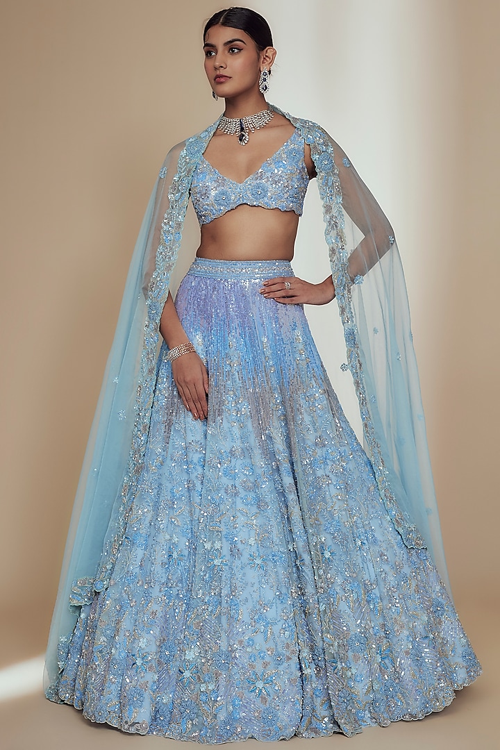 Blue Organza Crystal Beads Embroidered Bridal Lehenga Set by Label Charmie Galaiya at Pernia's Pop Up Shop