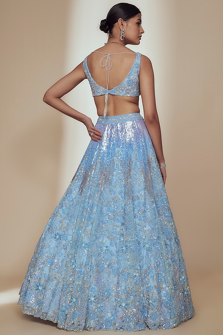 Blue Organza Crystal Beads Embroidered Bridal Lehenga Set by Label Charmie Galaiya at Pernia's Pop Up Shop