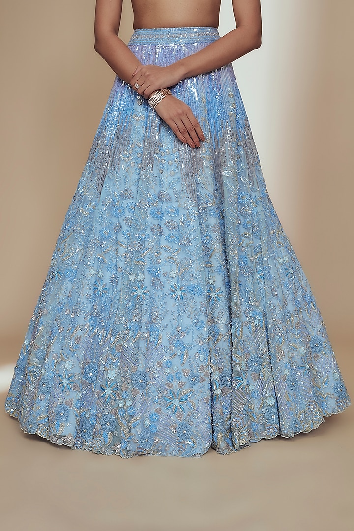 Blue Organza Crystal Beads Embroidered Bridal Lehenga Set by Label Charmie Galaiya at Pernia's Pop Up Shop
