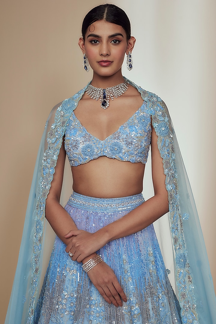 Blue Organza Crystal Beads Embroidered Bridal Lehenga Set by Label Charmie Galaiya at Pernia's Pop Up Shop