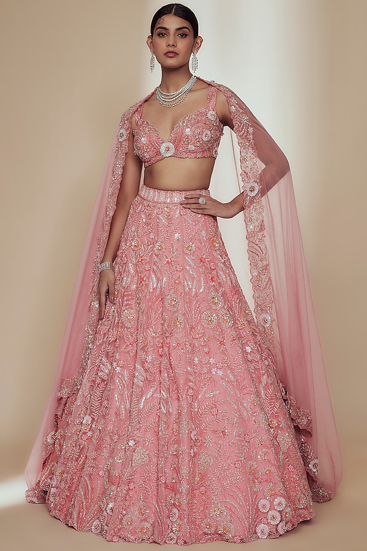 Pink Organza Crystal Beads Embroidered Lehenga Set by Label Charmie Galaiya