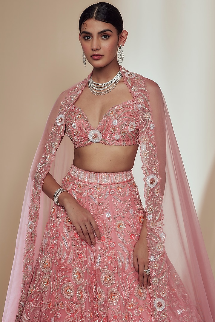 Pink Organza Crystal Beads Embroidered Bridal Lehenga Set by Label Charmie Galaiya at Pernia's Pop Up Shop