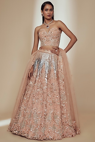 Gold Organza Crystal Beads Embroidered Lehenga Set by Label Charmie Galaiya