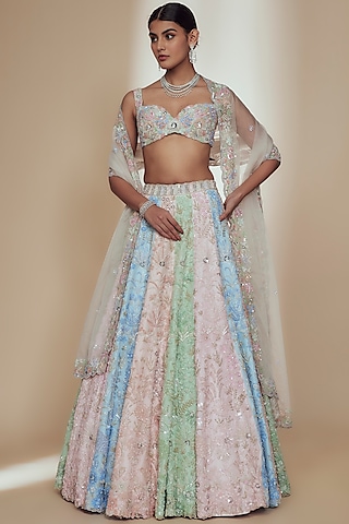 Multi-Colored Organza Crystal Beads Embroidered Lehenga Set by Label Charmie Galaiya