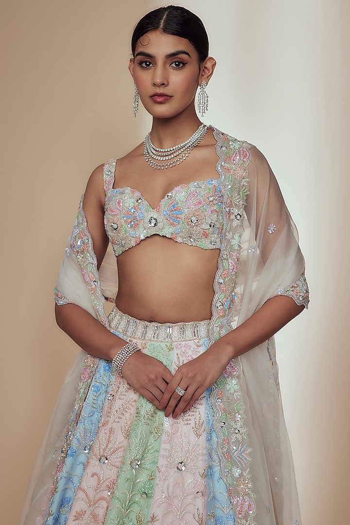 Multi-Colored Organza Crystal Beads Embroidered Bridal Lehenga Set by Label Charmie Galaiya at Pernia's Pop Up Shop