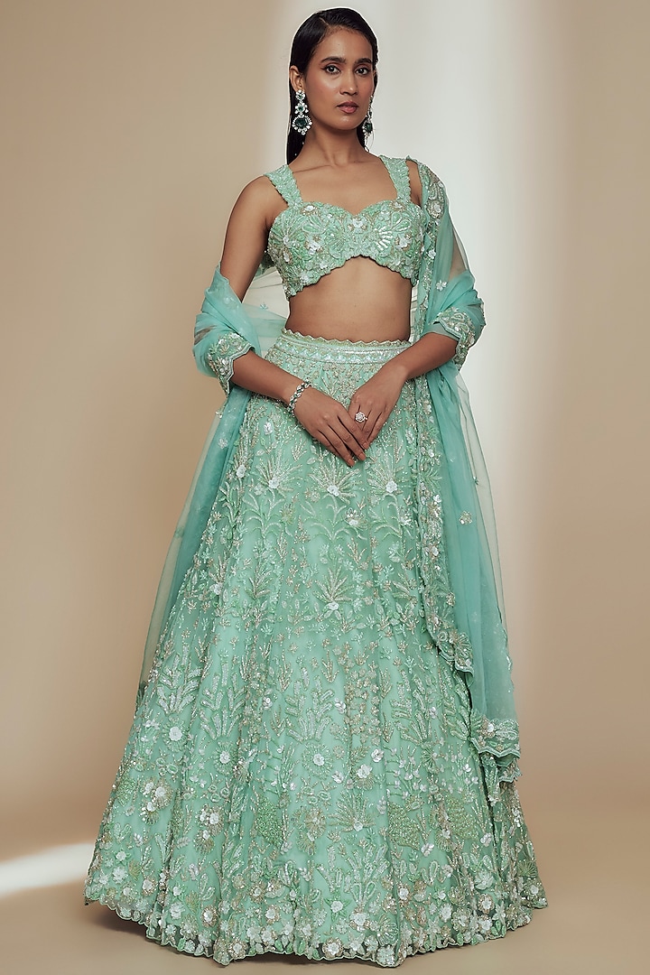 Green Organza Crystal Beads Embroidered Bridal Lehenga Set by Label Charmie Galaiya at Pernia's Pop Up Shop