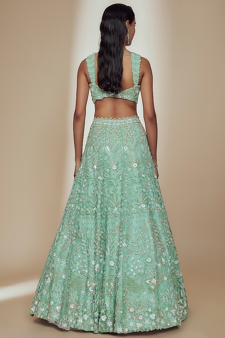 Green Organza Crystal Beads Embroidered Bridal Lehenga Set by Label Charmie Galaiya at Pernia's Pop Up Shop