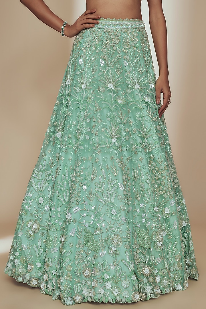 Green Organza Crystal Beads Embroidered Bridal Lehenga Set by Label Charmie Galaiya at Pernia's Pop Up Shop