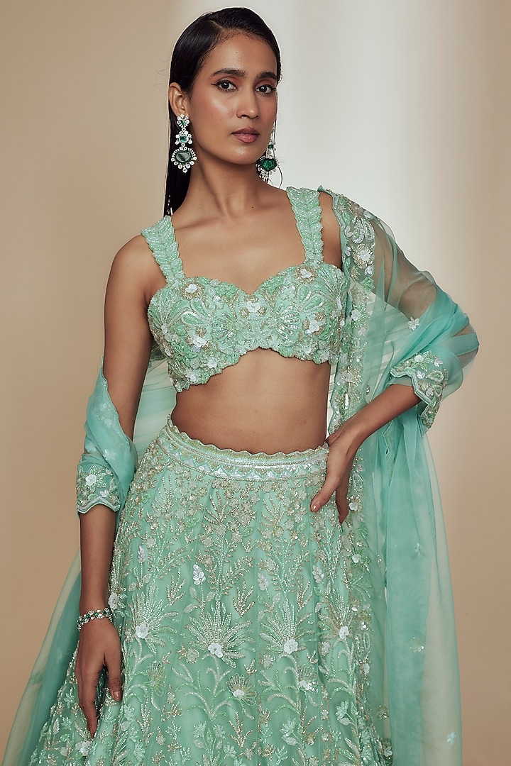 Green Organza Crystal Beads Embroidered Bridal Lehenga Set by Label Charmie Galaiya at Pernia's Pop Up Shop