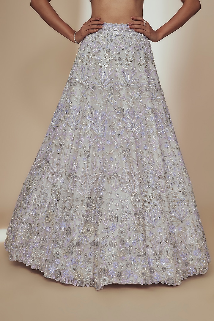 Ivory Organza Crystal Beads Embroidered Bridal Lehenga Set by Label Charmie Galaiya at Pernia's Pop Up Shop
