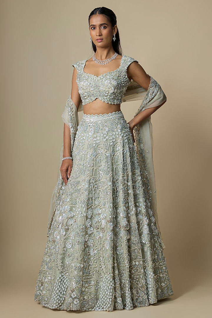 Dusty Green Pure Organza Hand Embroidered Bridal Lehenga Set by Label Charmie Galaiya at Pernia's Pop Up Shop
