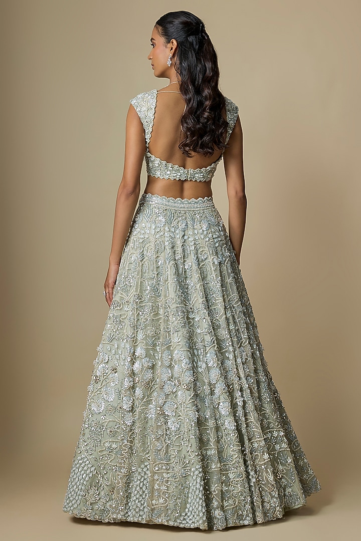 Dusty Green Pure Organza Hand Embroidered Bridal Lehenga Set by Label Charmie Galaiya at Pernia's Pop Up Shop