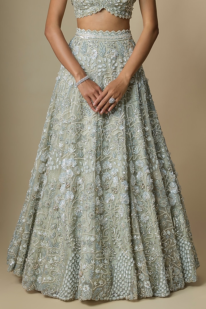 Dusty Green Pure Organza Hand Embroidered Bridal Lehenga Set by Label Charmie Galaiya at Pernia's Pop Up Shop