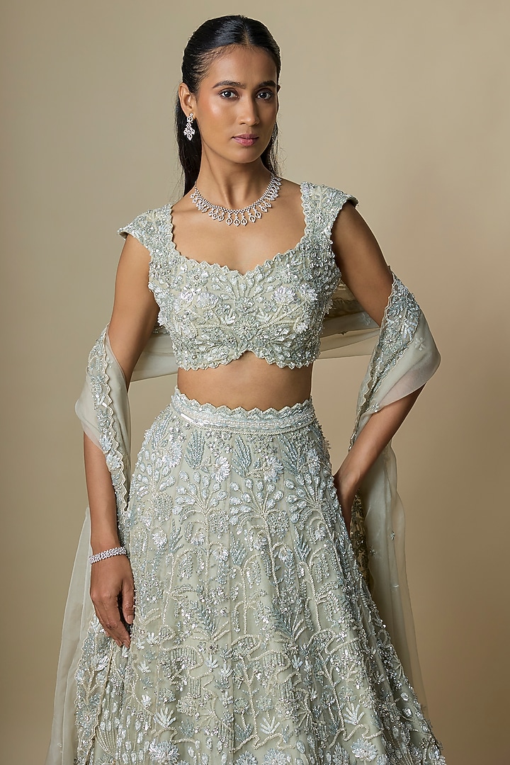 Dusty Green Pure Organza Hand Embroidered Bridal Lehenga Set by Label Charmie Galaiya at Pernia's Pop Up Shop