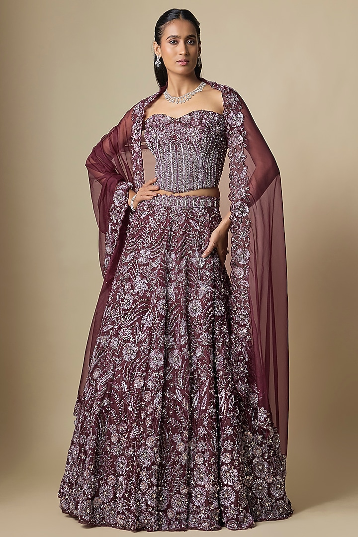 Wine Pure Organza Hand Embroidered Bridal Lehenga Set by Label Charmie Galaiya at Pernia's Pop Up Shop