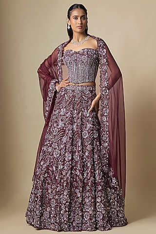 Wine Pure Organza Hand Embroidered Lehenga Set by Label Charmie Galaiya