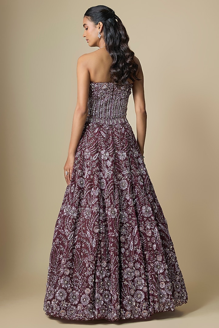 Wine Pure Organza Hand Embroidered Bridal Lehenga Set by Label Charmie Galaiya at Pernia's Pop Up Shop