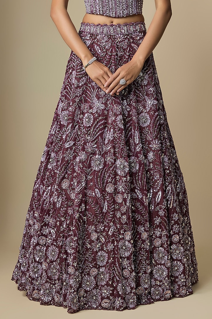 Wine Pure Organza Hand Embroidered Bridal Lehenga Set by Label Charmie Galaiya at Pernia's Pop Up Shop