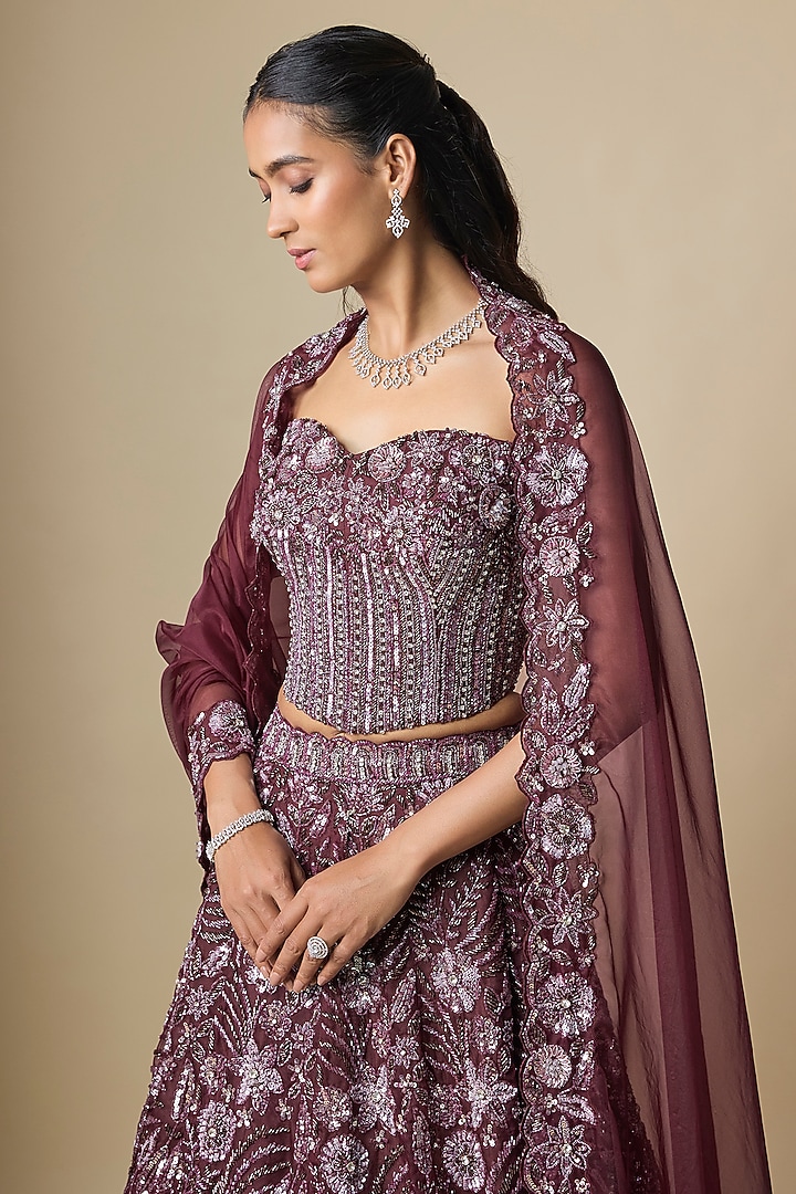Wine Pure Organza Hand Embroidered Bridal Lehenga Set by Label Charmie Galaiya at Pernia's Pop Up Shop