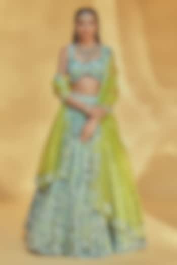 Light Green Pure Organza Embroidered Bridal Lehenga Set by Label Charmie Galaiya at Pernia's Pop Up Shop