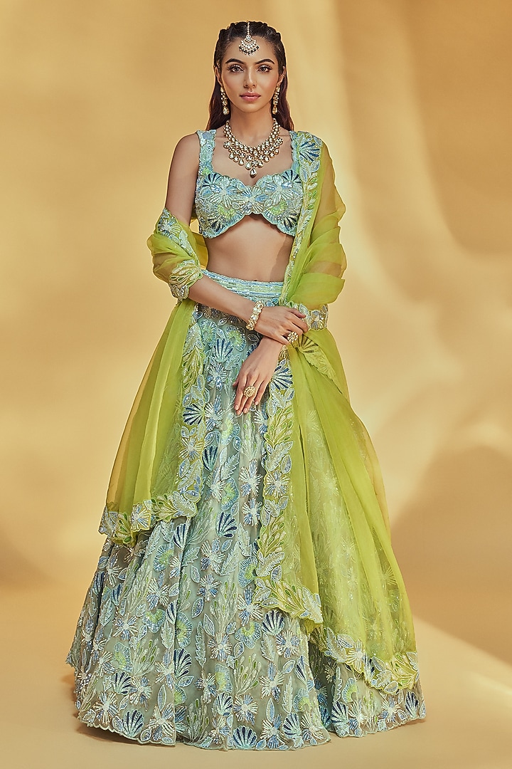 Light Green Pure Organza Embroidered Bridal Lehenga Set by Label Charmie Galaiya at Pernia's Pop Up Shop